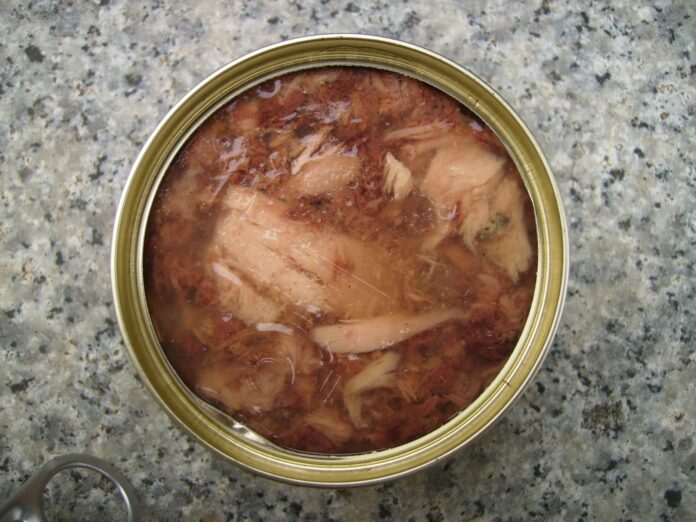 An opened can of wet cat food photographed from above